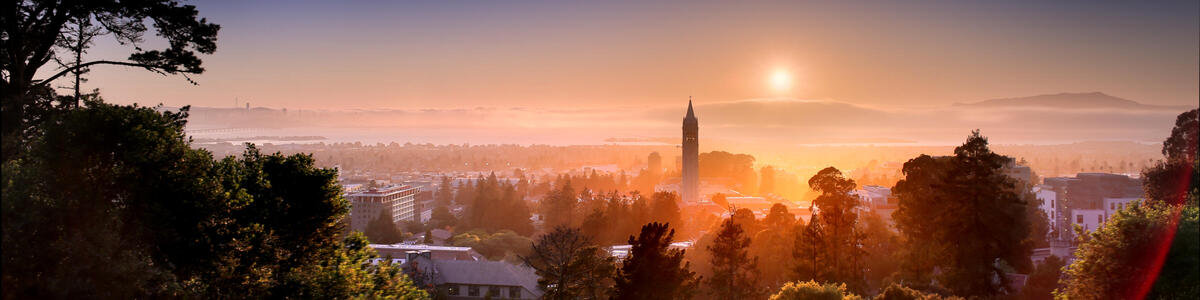 Decorative image of a view of the UC Berkeley campus and the Bay during sunset